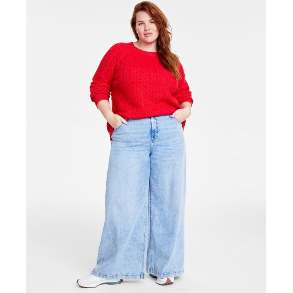 On 34th Plus Size Perfect Cable-Knit Crewneck Sweater